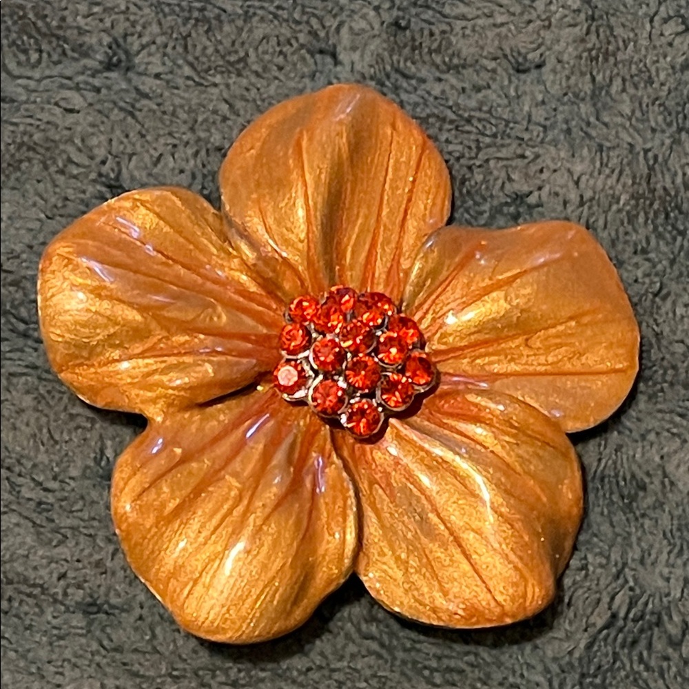 Gold Flower Brooch with Red Accents